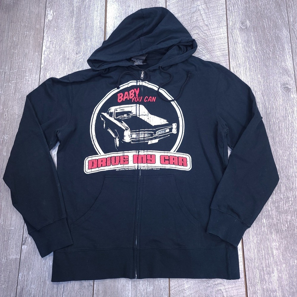 Mop Top Hoodie Mens Large Black The Beatles Drive My Car Graphic Zip Sweatshirt